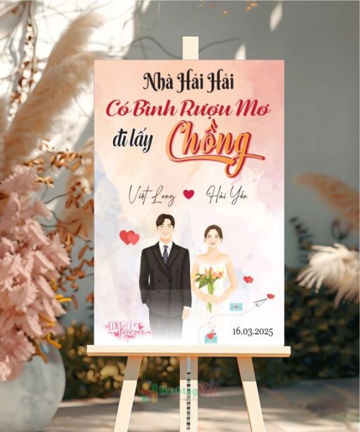 Bảng tên đám cưới nhà có bình rượu mơ đi lấy chồng