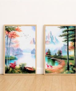 Tranh Nghệ Thuật Hồ Nước Hưu Đỏ & Rừng Cây Mùa Thu